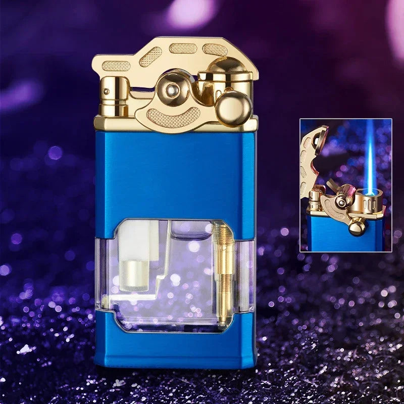 Metal Rocker Arm Luminous Butane Gas Torch Lighter Transparent Gas Window Windproof Jet Blue Flame Cigar Lighters Smoking Gadget