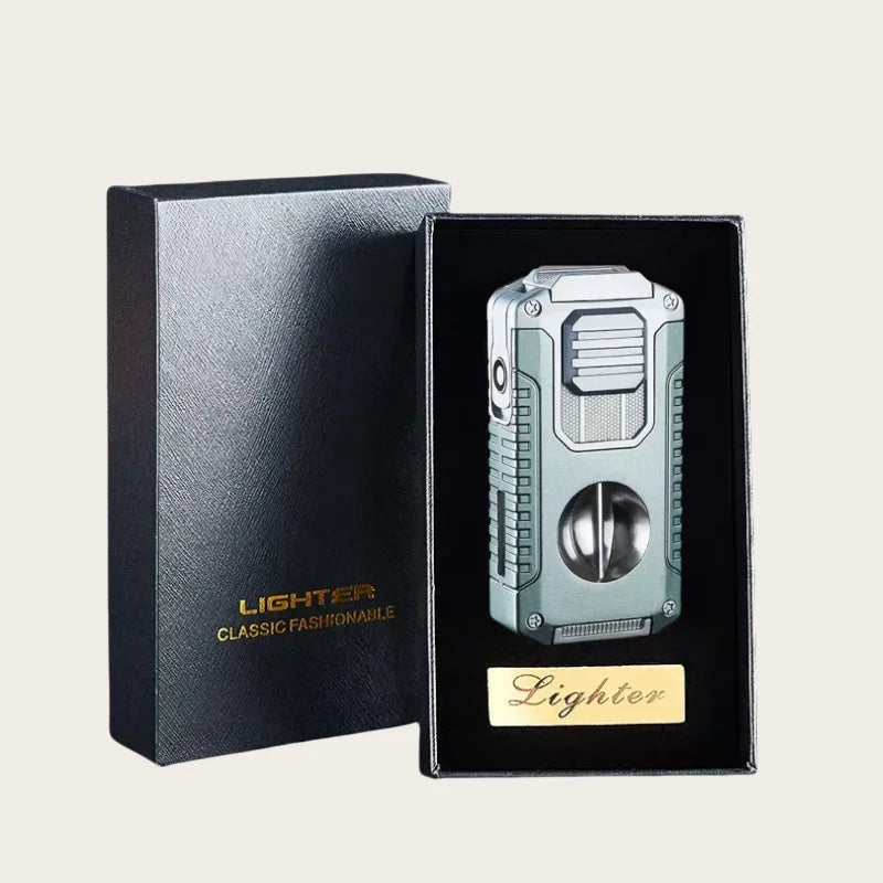 New Deluxe Cigar Lighter with V Shape Knife Cigar Holder Dual Nozzle Flame Butane Refillable Torch Lighter Smoker Gift