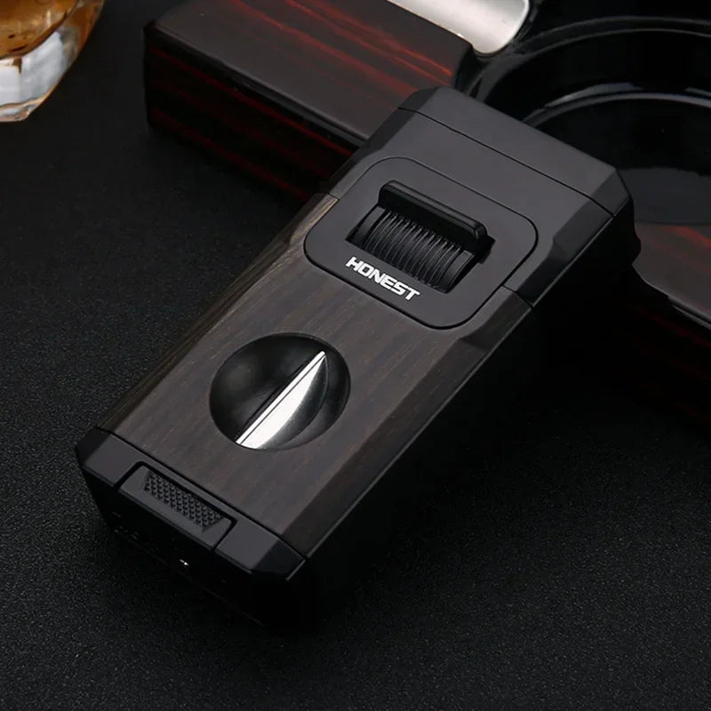 New Deluxe Cigar Lighter with V Shape Knife Cigar Holder Dual Nozzle Flame Butane Refillable Torch Lighter Smoker Gift