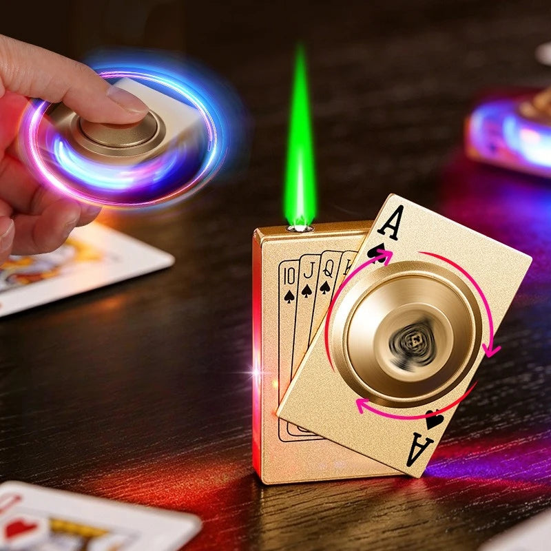 New LDE Poker Fingertip Gyro Inflatable Lighter Metal Windproof Jet Green Flame Butane Outdoor Lighter Men's Cool Gift