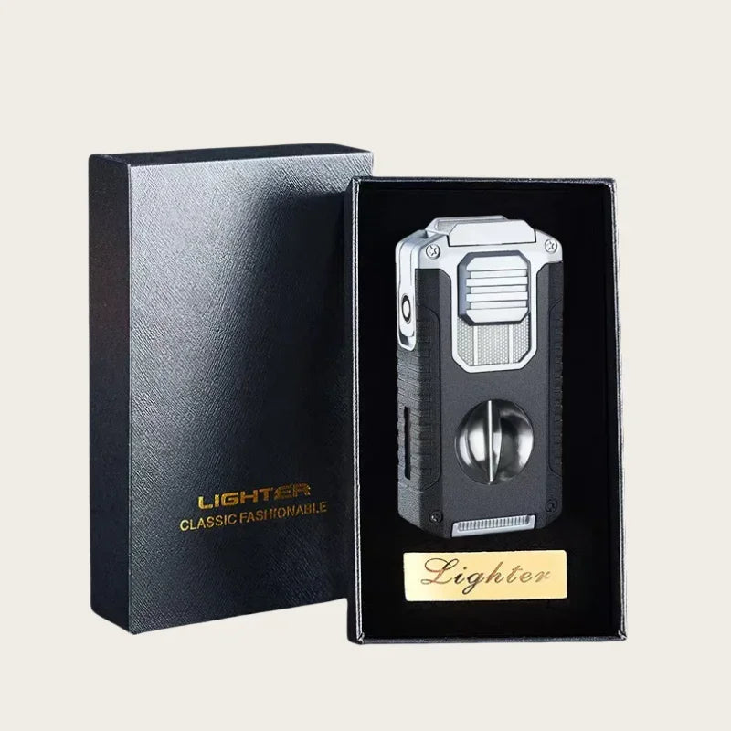 New Deluxe Cigar Lighter with V Shape Knife Cigar Holder Dual Nozzle Flame Butane Refillable Torch Lighter Smoker Gift