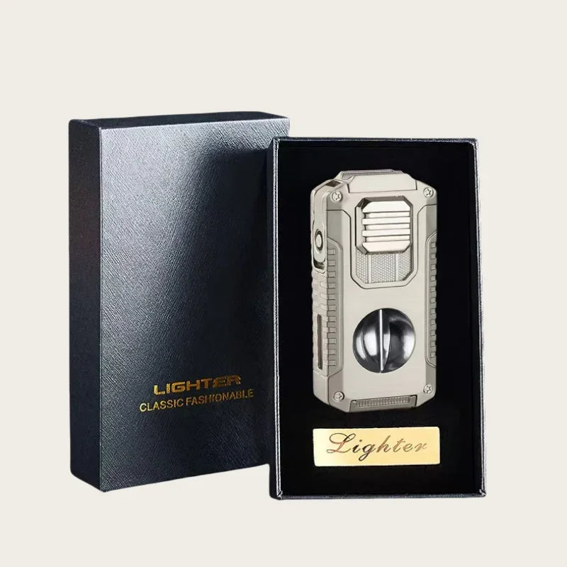 New Deluxe Cigar Lighter with V Shape Knife Cigar Holder Dual Nozzle Flame Butane Refillable Torch Lighter Smoker Gift