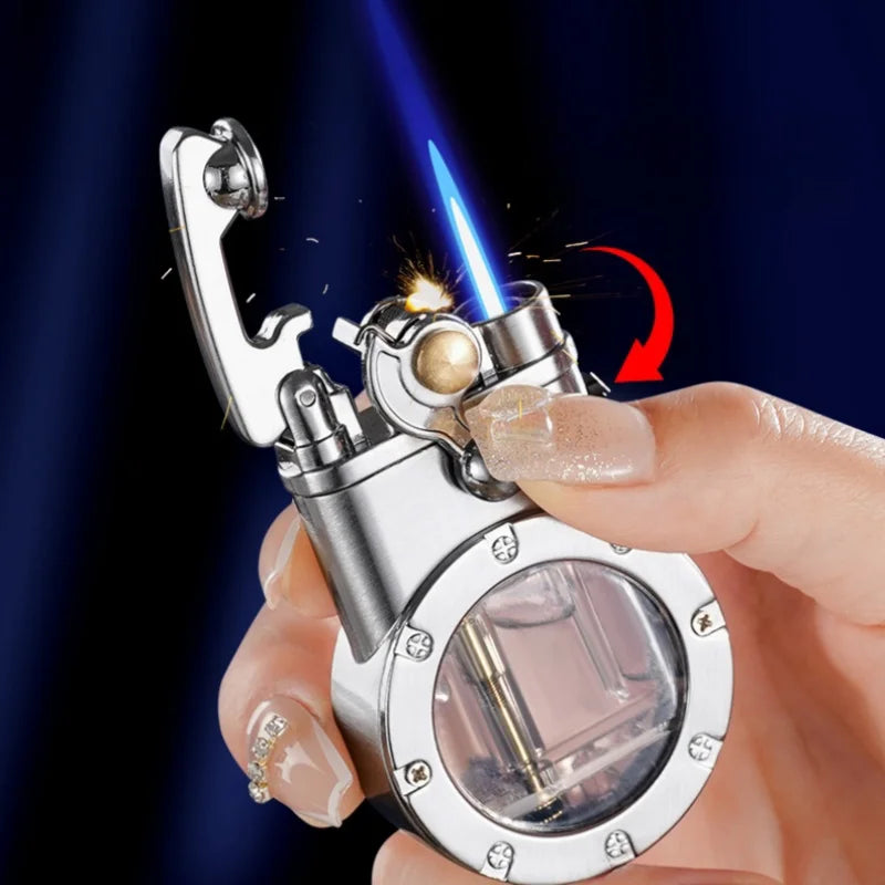 Creative Rocker Arm Dual Fire Butane Gas Lighter Metal Visible Gas Window Jet Flame Switching Open Flame Cigar Lighters Smoking