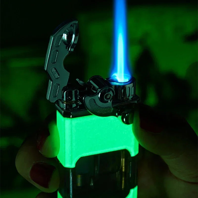 Metal Rocker Arm Luminous Butane Gas Torch Lighter Transparent Gas Window Windproof Jet Blue Flame Cigar Lighters Smoking Gadget