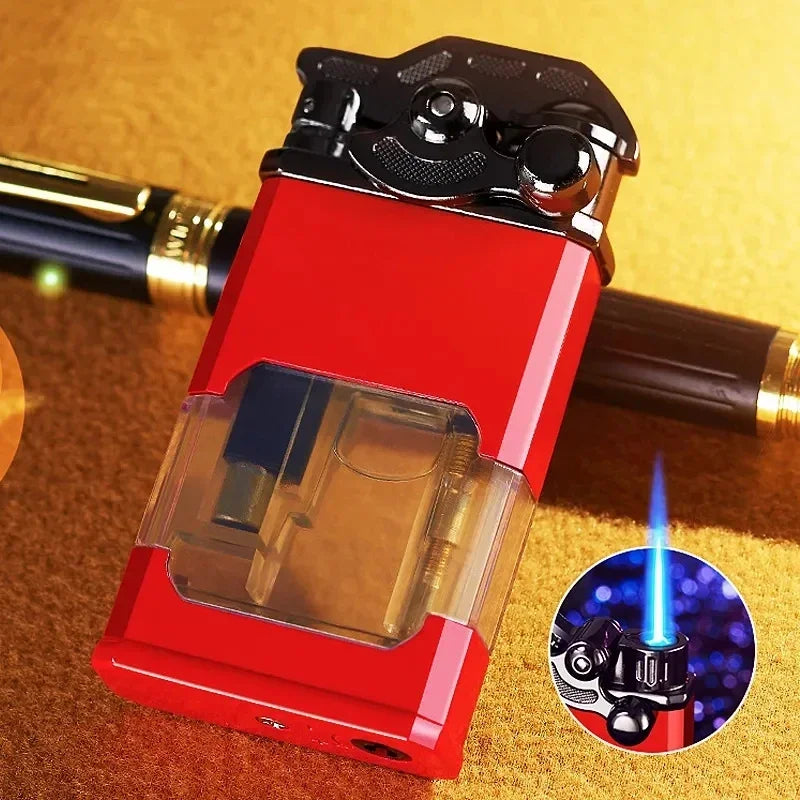 Metal Rocker Arm Luminous Butane Gas Torch Lighter Transparent Gas Window Windproof Jet Blue Flame Cigar Lighters Smoking Gadget