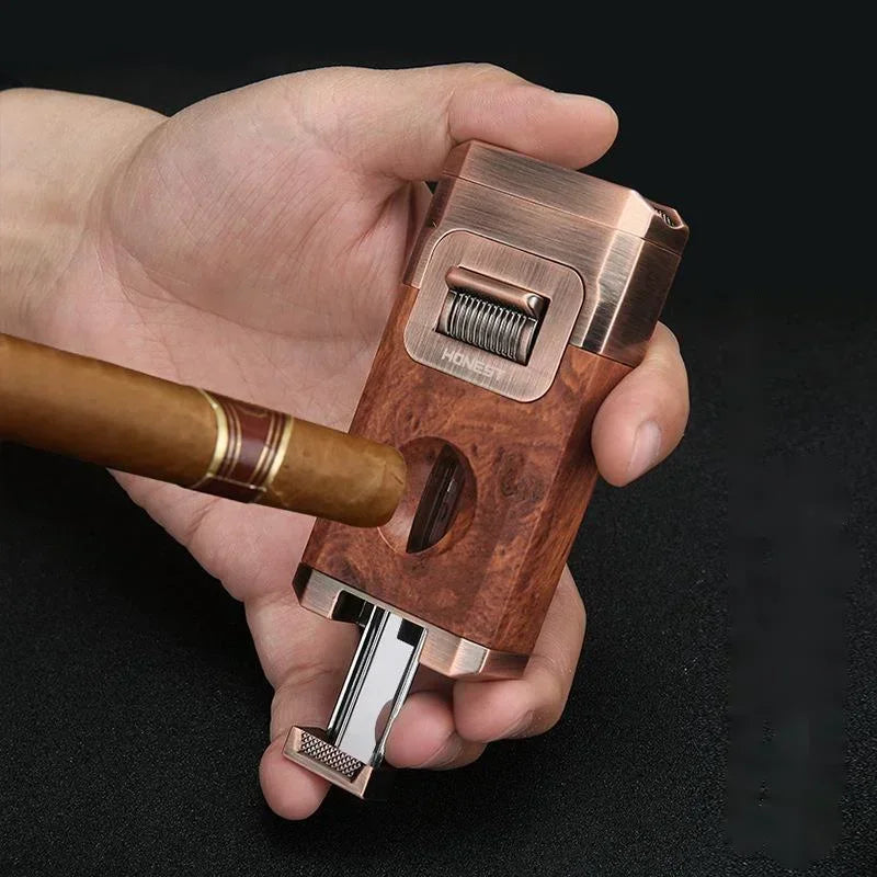 New Deluxe Cigar Lighter with V Shape Knife Cigar Holder Dual Nozzle Flame Butane Refillable Torch Lighter Smoker Gift