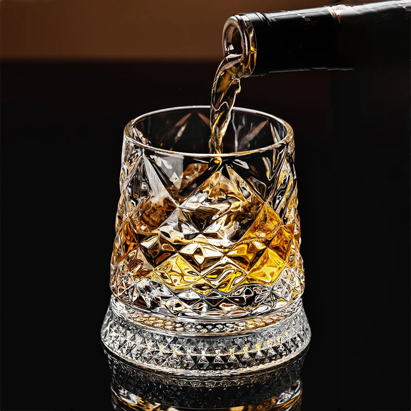 2026 New Whiskey Glasses Rotating Whisky Glass with Glass Base 360 Rotate Degrees Crystal Rum Glass for Cocktail Party Drinking