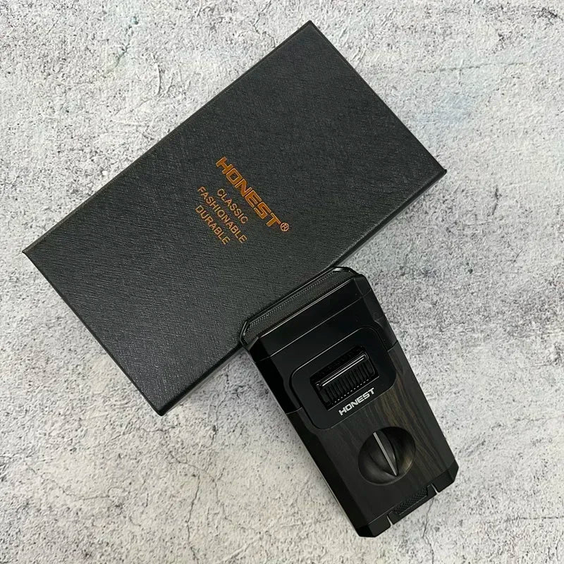 New Deluxe Cigar Lighter with V Shape Knife Cigar Holder Dual Nozzle Flame Butane Refillable Torch Lighter Smoker Gift