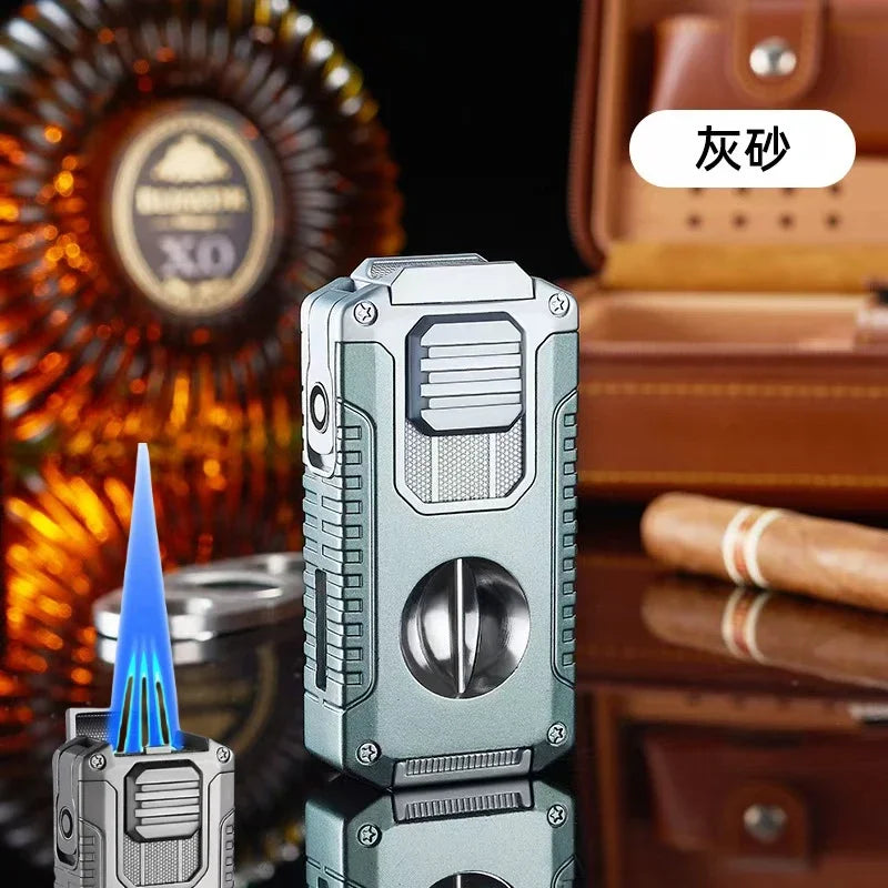 New Deluxe Cigar Lighter with V Shape Knife Cigar Holder Dual Nozzle Flame Butane Refillable Torch Lighter Smoker Gift