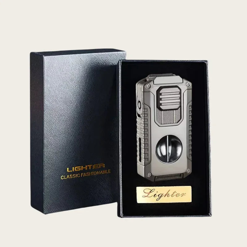 New Deluxe Cigar Lighter with V Shape Knife Cigar Holder Dual Nozzle Flame Butane Refillable Torch Lighter Smoker Gift