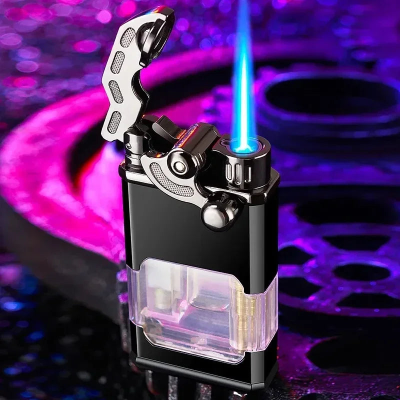 Metal Rocker Arm Luminous Butane Gas Torch Lighter Transparent Gas Window Windproof Jet Blue Flame Cigar Lighters Smoking Gadget