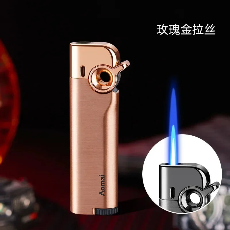 New Rocker Arm Straight Blue Flame Lighter, Compact and Portable, Metal Body, Windproof Inflatable Cigarette Lighter