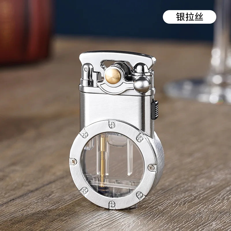 Creative Rocker Arm Dual Fire Butane Gas Lighter Metal Visible Gas Window Jet Flame Switching Open Flame Cigar Lighters Smoking