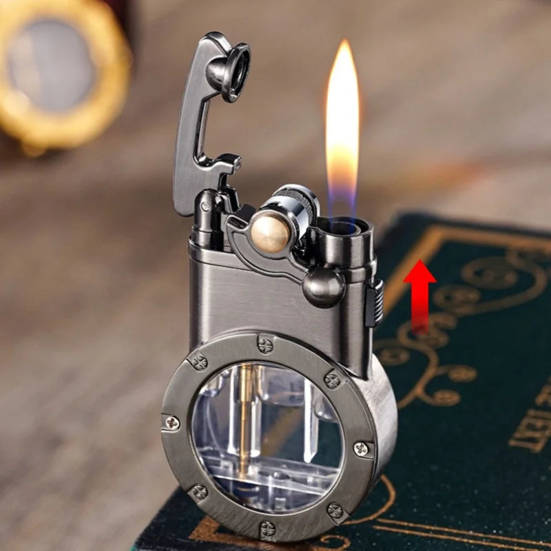 Creative Rocker Arm Dual Fire Butane Gas Lighter Metal Visible Gas Window Jet Flame Switching Open Flame Cigar Lighters Smoking