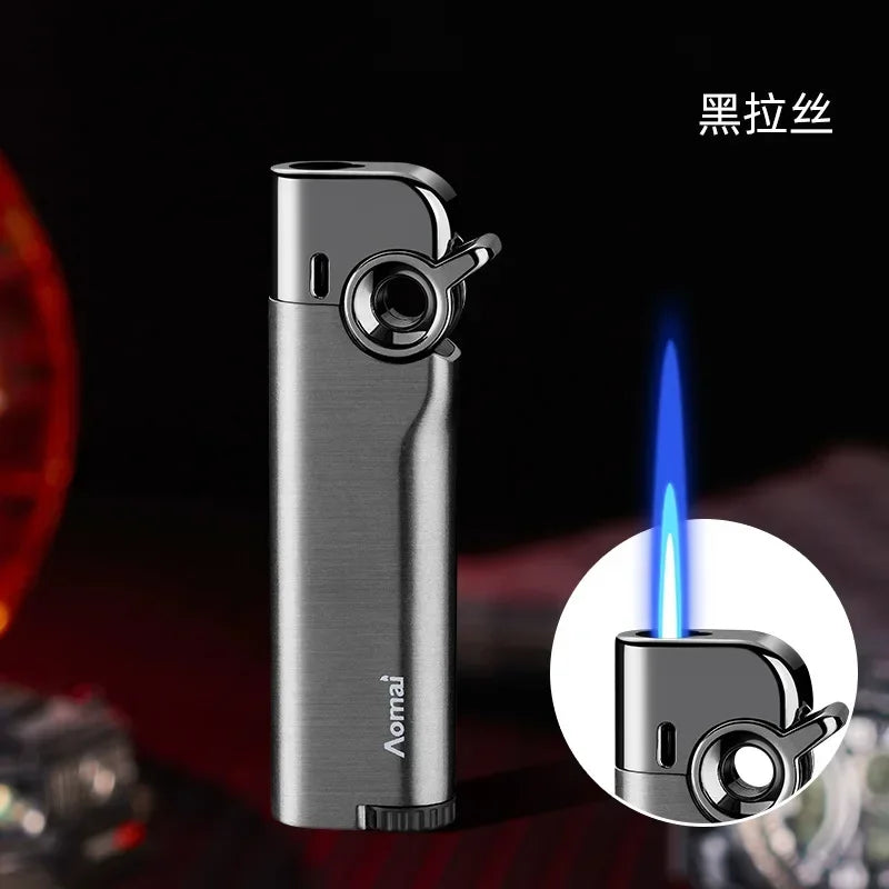 New Rocker Arm Straight Blue Flame Lighter, Compact and Portable, Metal Body, Windproof Inflatable Cigarette Lighter