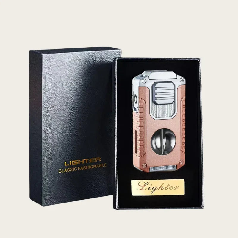 New Deluxe Cigar Lighter with V Shape Knife Cigar Holder Dual Nozzle Flame Butane Refillable Torch Lighter Smoker Gift