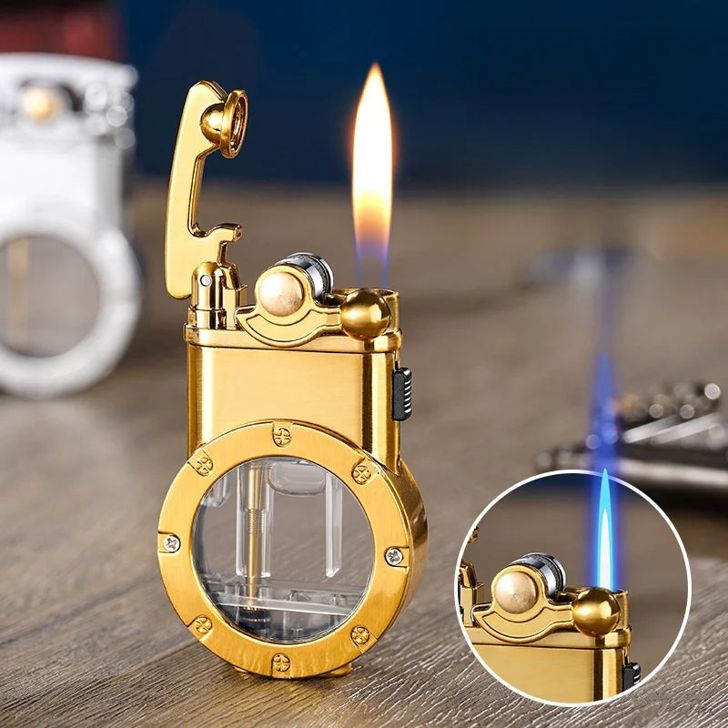 Creative Rocker Arm Dual Fire Butane Gas Lighter Metal Visible Gas Window Jet Flame Switching Open Flame Cigar Lighters Smoking