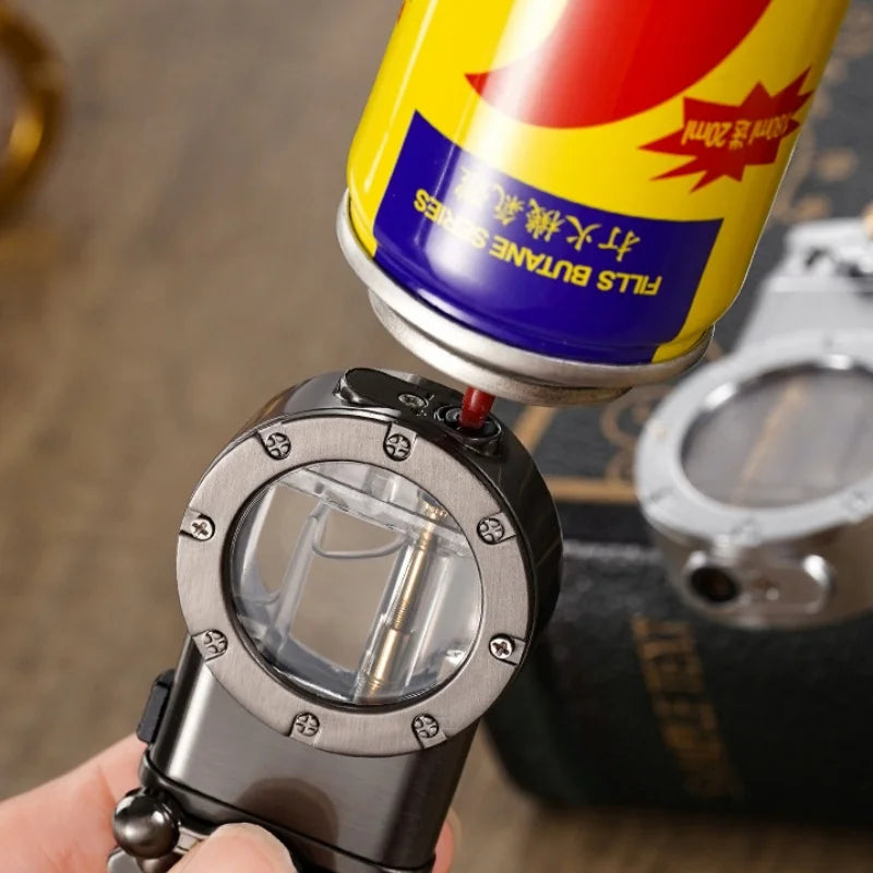 Creative Rocker Arm Dual Fire Butane Gas Lighter Metal Visible Gas Window Jet Flame Switching Open Flame Cigar Lighters Smoking