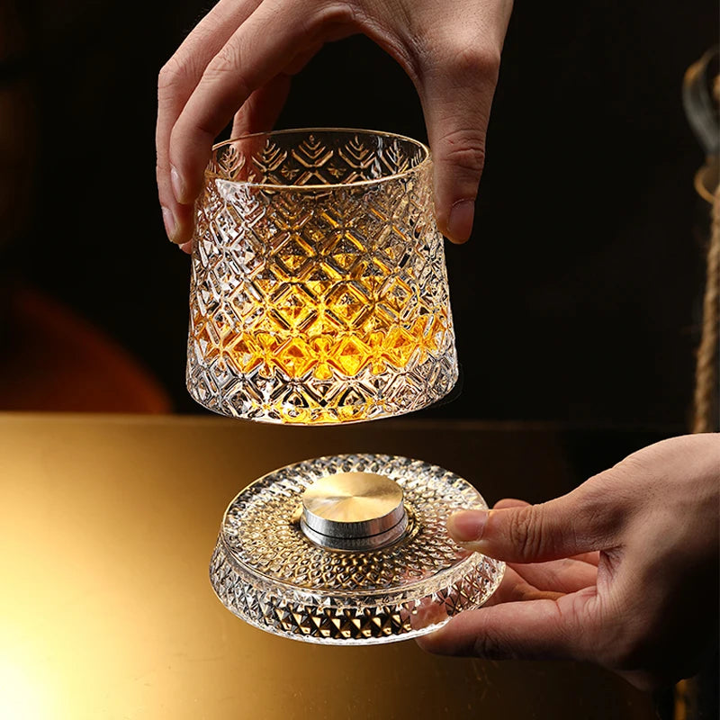 2026 New Whiskey Glasses Rotating Whisky Glass with Glass Base 360 Rotate Degrees Crystal Rum Glass for Cocktail Party Drinking