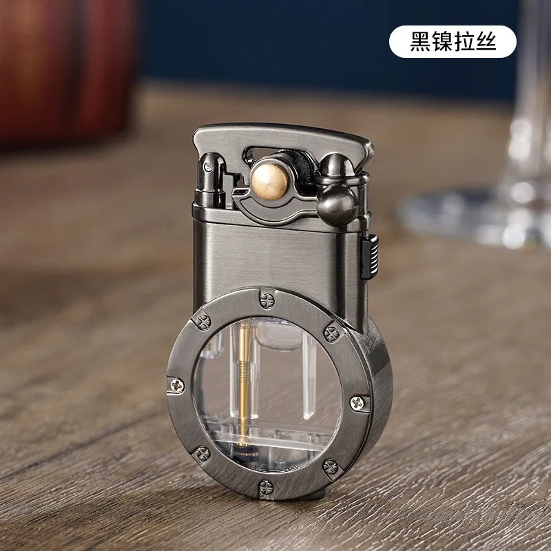 Creative Rocker Arm Dual Fire Butane Gas Lighter Metal Visible Gas Window Jet Flame Switching Open Flame Cigar Lighters Smoking
