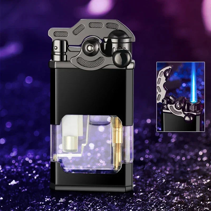 Metal Rocker Arm Luminous Butane Gas Torch Lighter Transparent Gas Window Windproof Jet Blue Flame Cigar Lighters Smoking Gadget