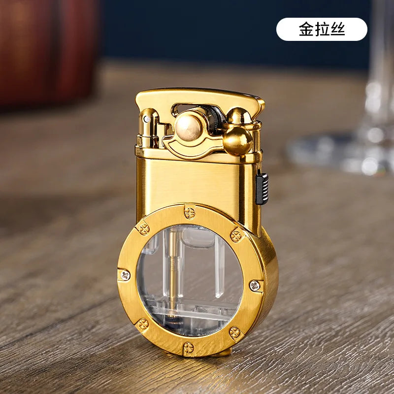 Creative Rocker Arm Dual Fire Butane Gas Lighter Metal Visible Gas Window Jet Flame Switching Open Flame Cigar Lighters Smoking