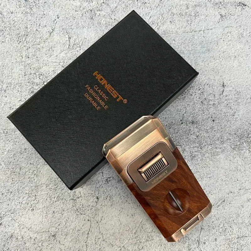 New Deluxe Cigar Lighter with V Shape Knife Cigar Holder Dual Nozzle Flame Butane Refillable Torch Lighter Smoker Gift