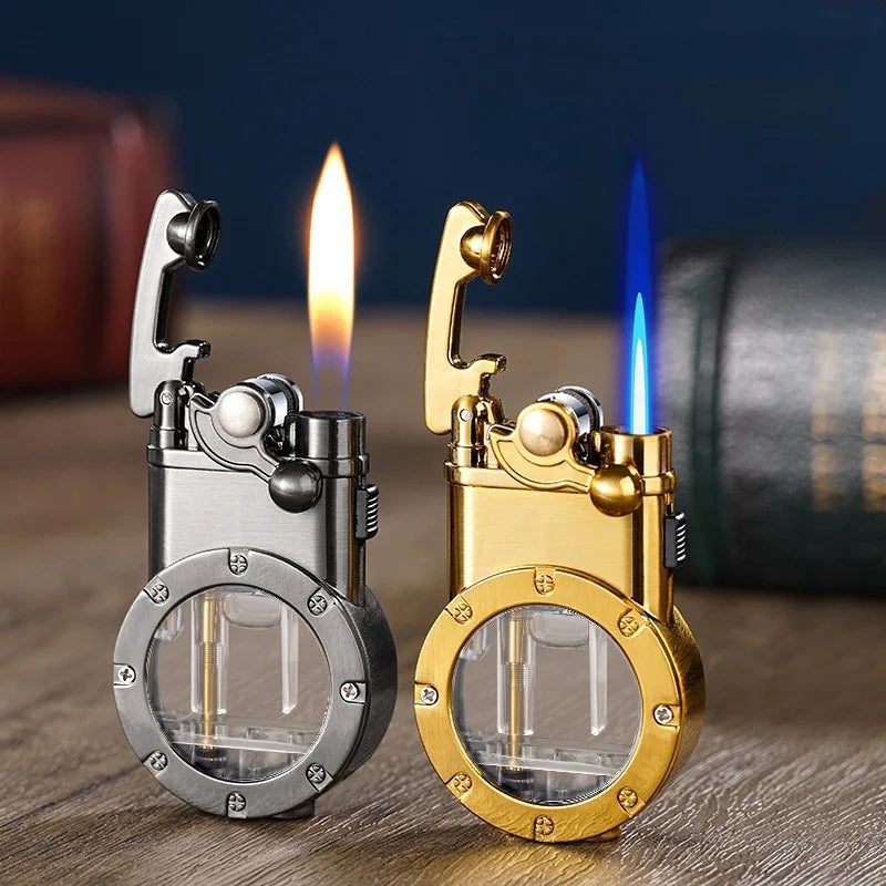 Creative Rocker Arm Dual Fire Butane Gas Lighter Metal Visible Gas Window Jet Flame Switching Open Flame Cigar Lighters Smoking
