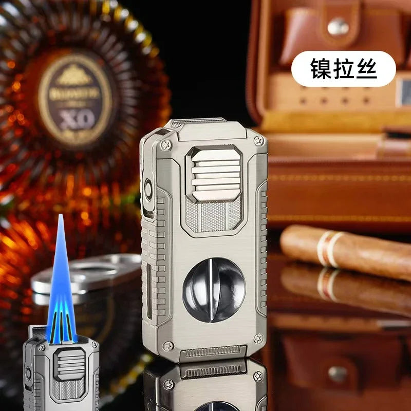 New Deluxe Cigar Lighter with V Shape Knife Cigar Holder Dual Nozzle Flame Butane Refillable Torch Lighter Smoker Gift