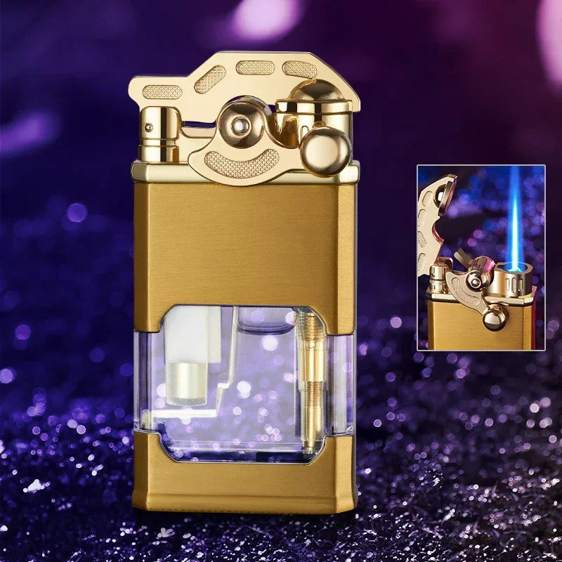 Metal Rocker Arm Luminous Butane Gas Torch Lighter Transparent Gas Window Windproof Jet Blue Flame Cigar Lighters Smoking Gadget