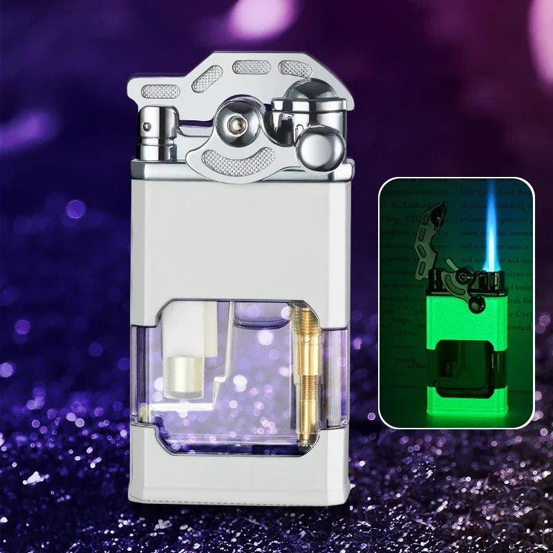 Metal Rocker Arm Luminous Butane Gas Torch Lighter Transparent Gas Window Windproof Jet Blue Flame Cigar Lighters Smoking Gadget