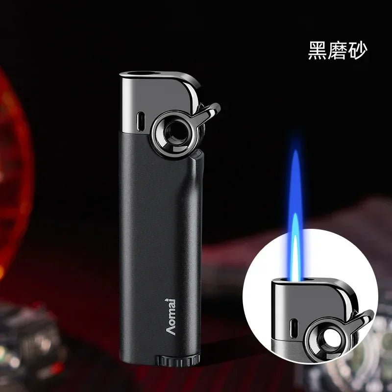 New Rocker Arm Straight Blue Flame Lighter, Compact and Portable, Metal Body, Windproof Inflatable Cigarette Lighter
