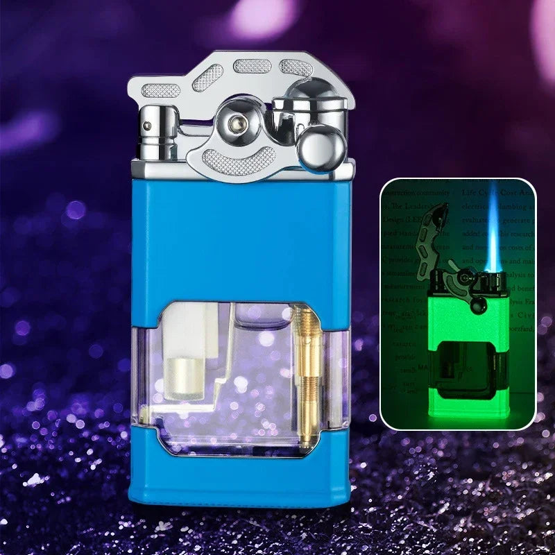 Metal Rocker Arm Luminous Butane Gas Torch Lighter Transparent Gas Window Windproof Jet Blue Flame Cigar Lighters Smoking Gadget