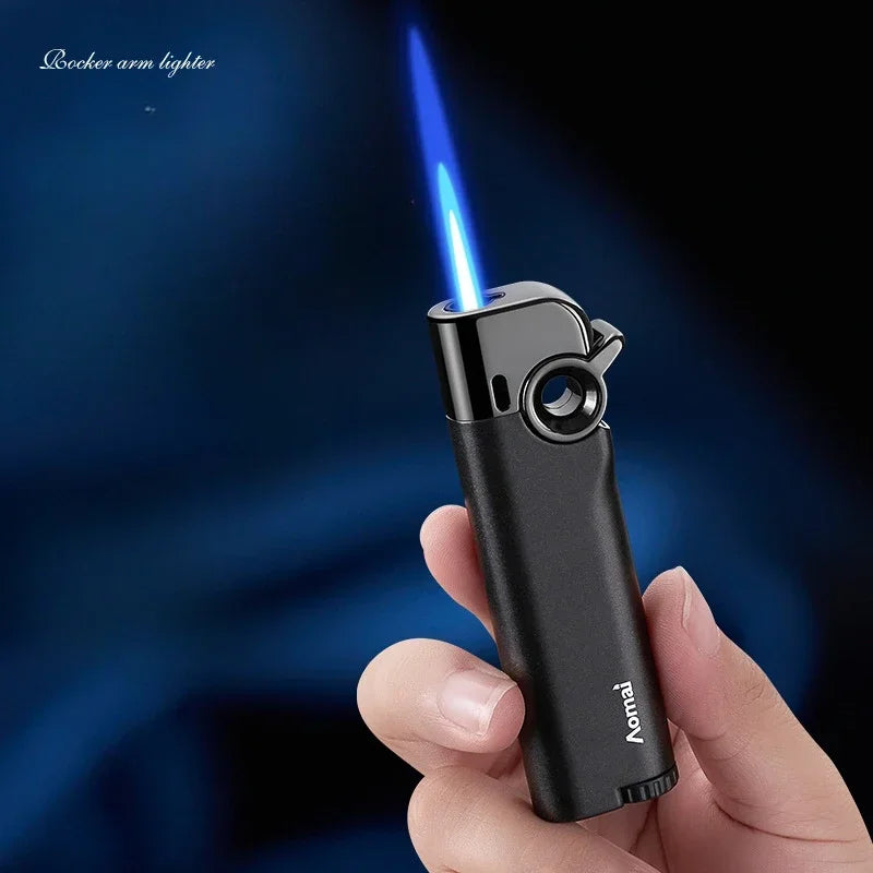 New Rocker Arm Straight Blue Flame Lighter, Compact and Portable, Metal Body, Windproof Inflatable Cigarette Lighter