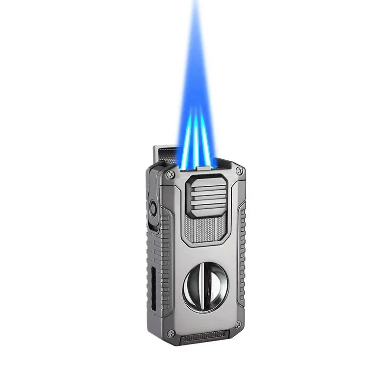 New Deluxe Cigar Lighter with V Shape Knife Cigar Holder Dual Nozzle Flame Butane Refillable Torch Lighter Smoker Gift