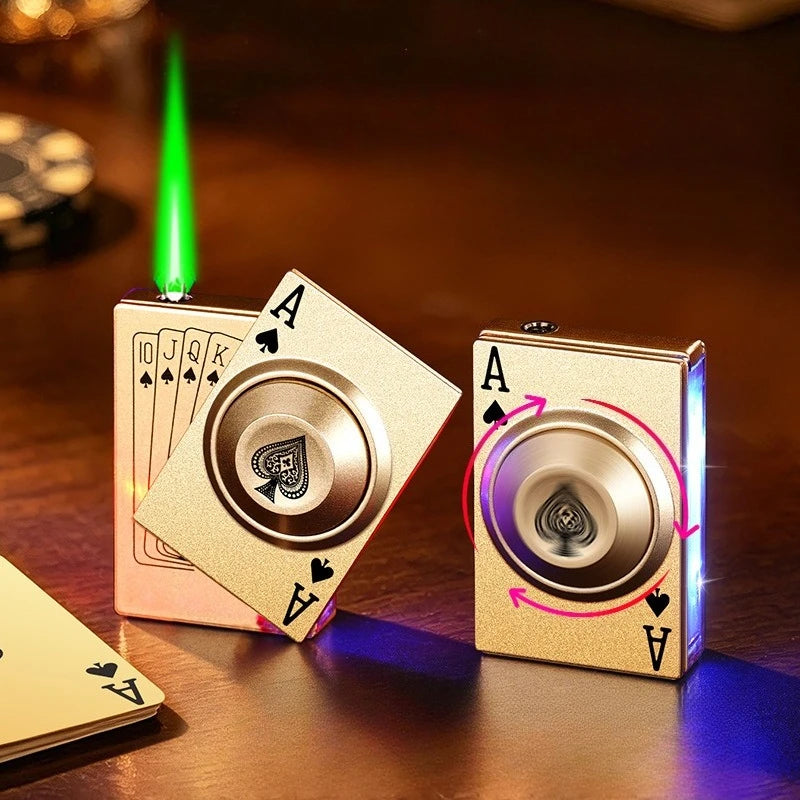 New LDE Poker Fingertip Gyro Inflatable Lighter Metal Windproof Jet Green Flame Butane Outdoor Lighter Men's Cool Gift