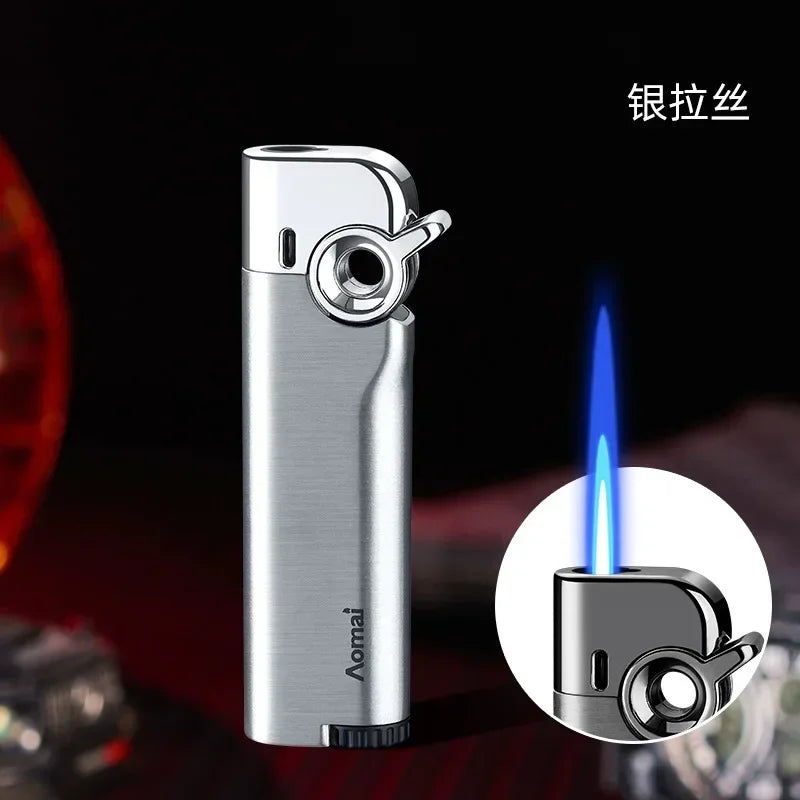 New Rocker Arm Straight Blue Flame Lighter, Compact and Portable, Metal Body, Windproof Inflatable Cigarette Lighter