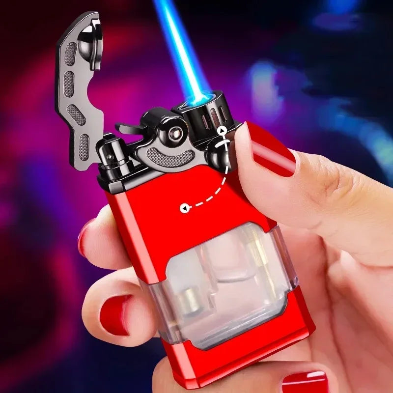 Metal Rocker Arm Luminous Butane Gas Torch Lighter Transparent Gas Window Windproof Jet Blue Flame Cigar Lighters Smoking Gadget