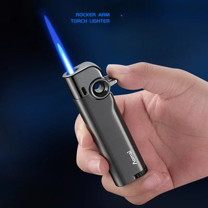 New Rocker Arm Straight Blue Flame Lighter, Compact and Portable, Metal Body, Windproof Inflatable Cigarette Lighter