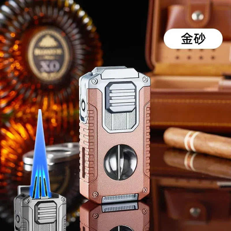 New Deluxe Cigar Lighter with V Shape Knife Cigar Holder Dual Nozzle Flame Butane Refillable Torch Lighter Smoker Gift