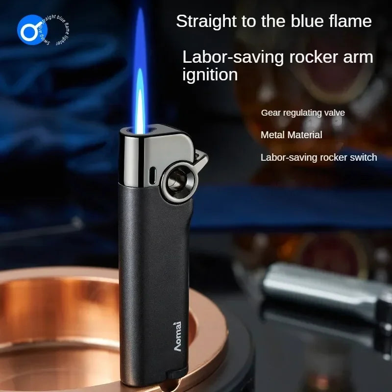 New Rocker Arm Straight Blue Flame Lighter, Compact and Portable, Metal Body, Windproof Inflatable Cigarette Lighter