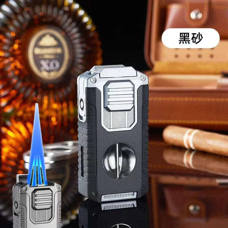 New Deluxe Cigar Lighter with V Shape Knife Cigar Holder Dual Nozzle Flame Butane Refillable Torch Lighter Smoker Gift