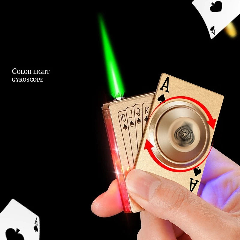 New LDE Poker Fingertip Gyro Inflatable Lighter Metal Windproof Jet Green Flame Butane Outdoor Lighter Men's Cool Gift